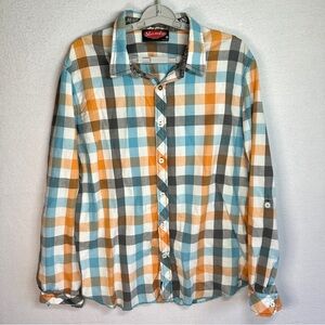 Mambo Australia Button Up Shirt Mens L Orange Blue Check Checkered Flip Cuff
